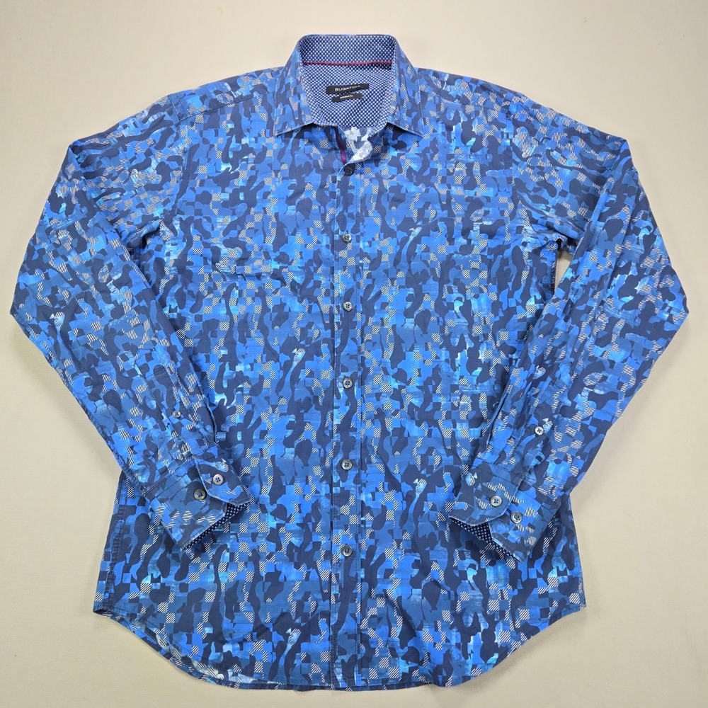Bugatchi Button Down Shirt Abstract Geometric Shaped Fit Blue Mens Medium
